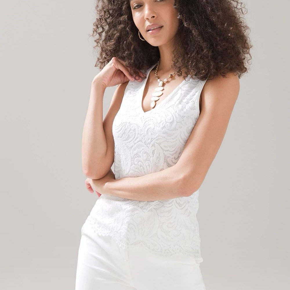 White House Black market white Lace lined v-neck stretch Women's tank Top M